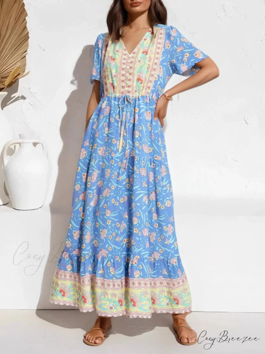 Blue Floral Ruffles Tassel Boho Dress light blue / S bohodress-250126