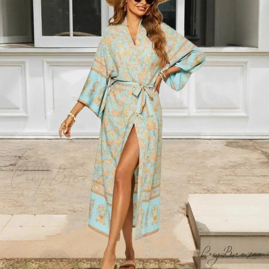 Blue Floral Sashes Boho Kimono Dress Blue / S bohodress-250126