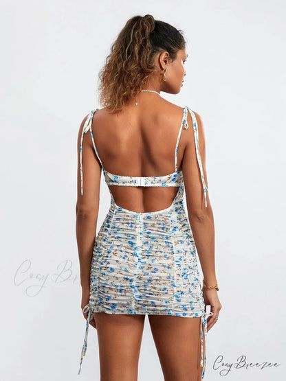Blue Flowers Print Mini Ruched Bodycon Nightclub Dress floraldress-250126
