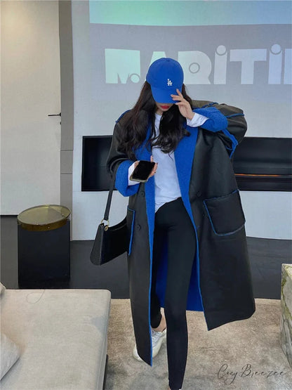 Blue Fur Double-Sided Charming Leather Long Jacket
