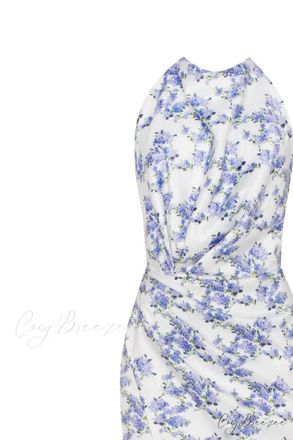 Blue Hydrangea Mock Charming Neck Sleeveless Evening Dress