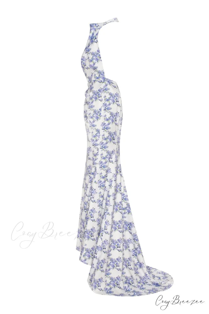 Blue Hydrangea Mock Charming Neck Sleeveless Evening Dress