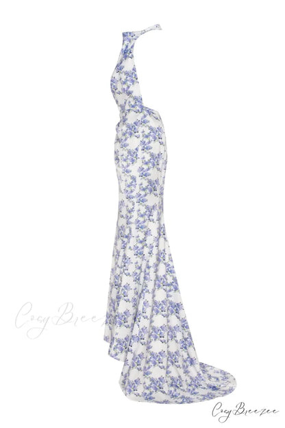 Blue Hydrangea Mock Charming Neck Sleeveless Evening Dress