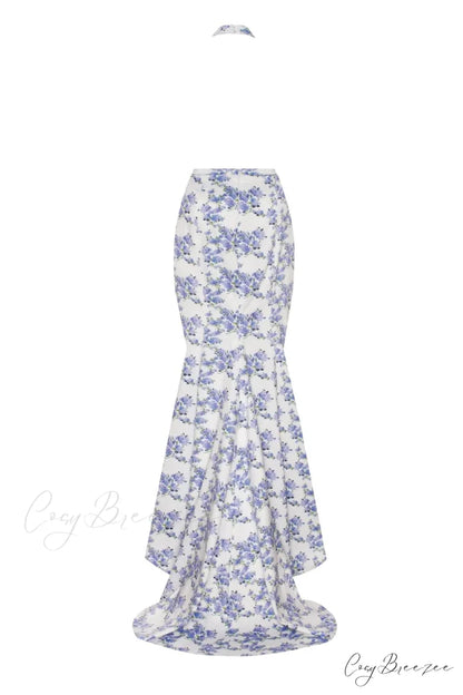 Blue Hydrangea Mock Charming Neck Sleeveless Evening Dress