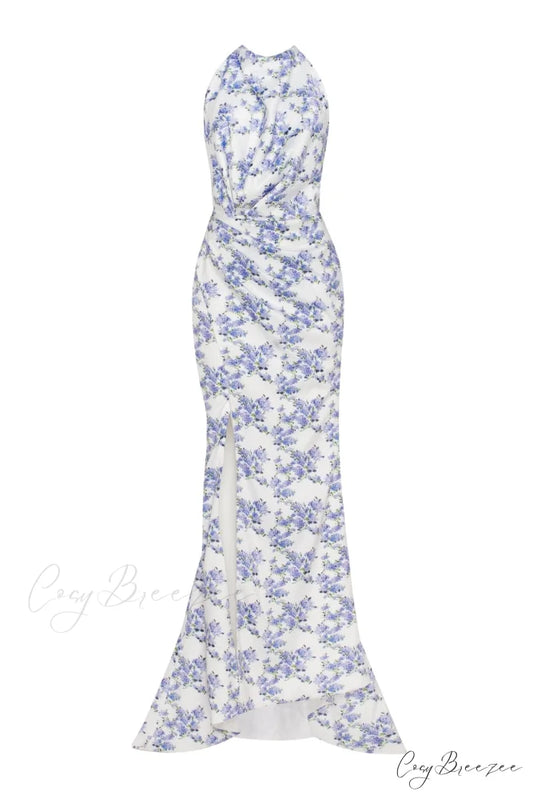 Blue Hydrangea Mock Charming Neck Sleeveless Evening Dress XXS / Blue Hydrangea