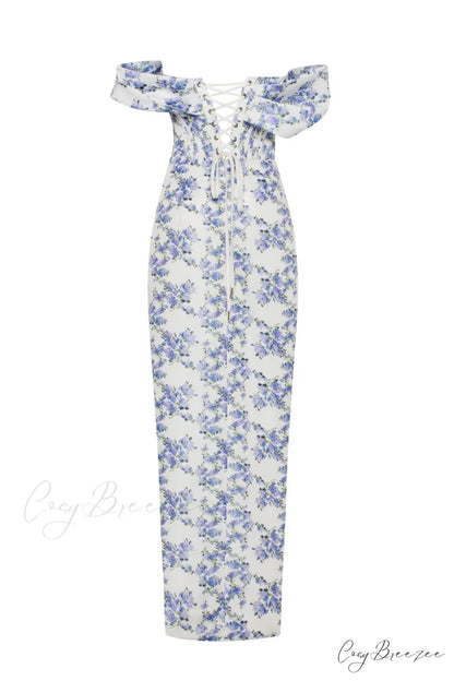 Blue Hydrangea Stylish Off-Shoulder Satin Dress