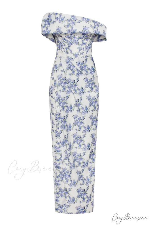 Blue Hydrangea Stylish Off-Shoulder Satin Dress XXS / Blue Hydrangea