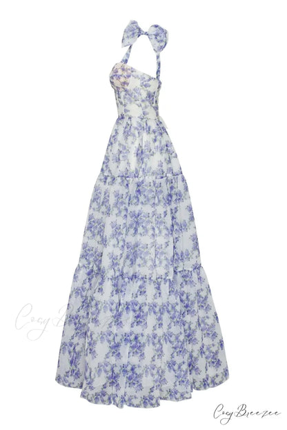 Blue Hydrangea Tender Charming Tie-Strap Maxi Dress