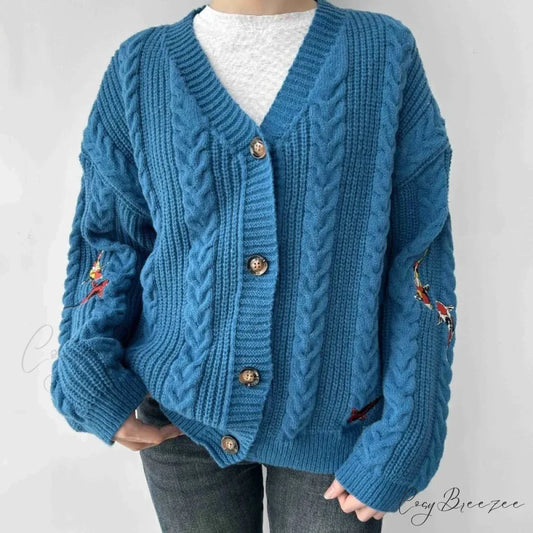 Blue Koi V-neck Embroidered Cardigan Blue / S cardigans-241228