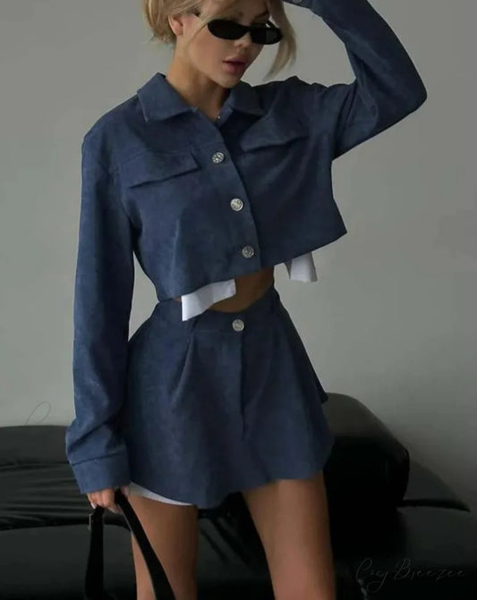 Blue Patchwork Crop Mini Skirt Office Set Blue / S officetwopieceset-250223