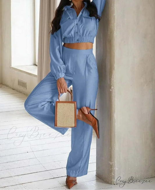 Blue Pockets Crop Straight Trousers Office Set Blue / S officetwopieceset-250223