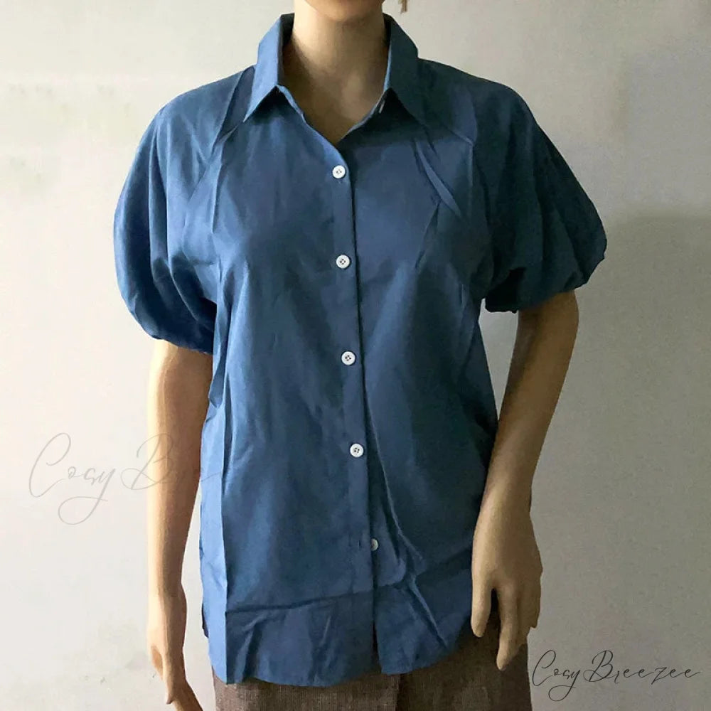 Blue Puff Sleeve Casual Loose Summer Crop Top blouse-250126