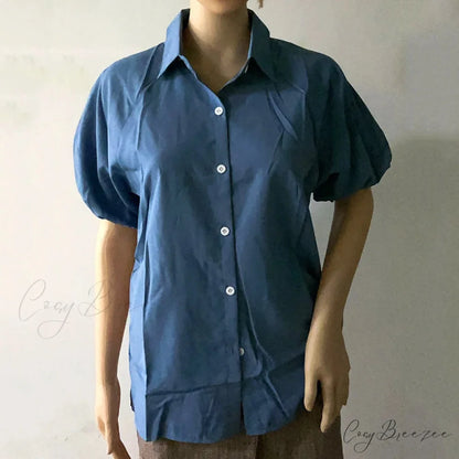 Blue Puff Sleeve Casual Loose Summer Crop Top blouse-250126
