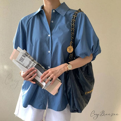 Blue Puff Sleeve Casual Loose Summer Crop Top blouse-250126