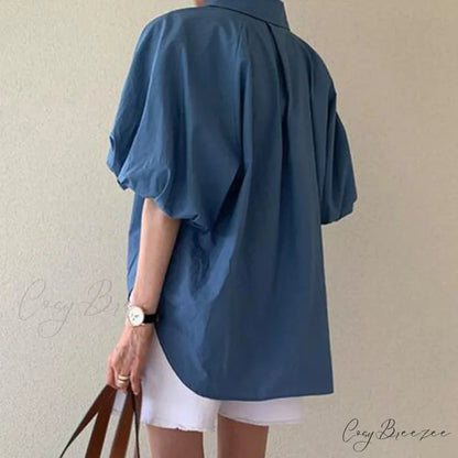 Blue Puff Sleeve Casual Loose Summer Crop Top blouse-250126