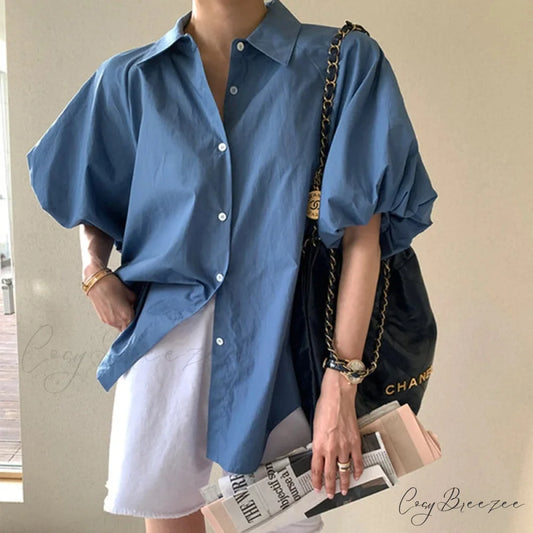 Blue Puff Sleeve Casual Loose Summer Crop Top blouse-250126