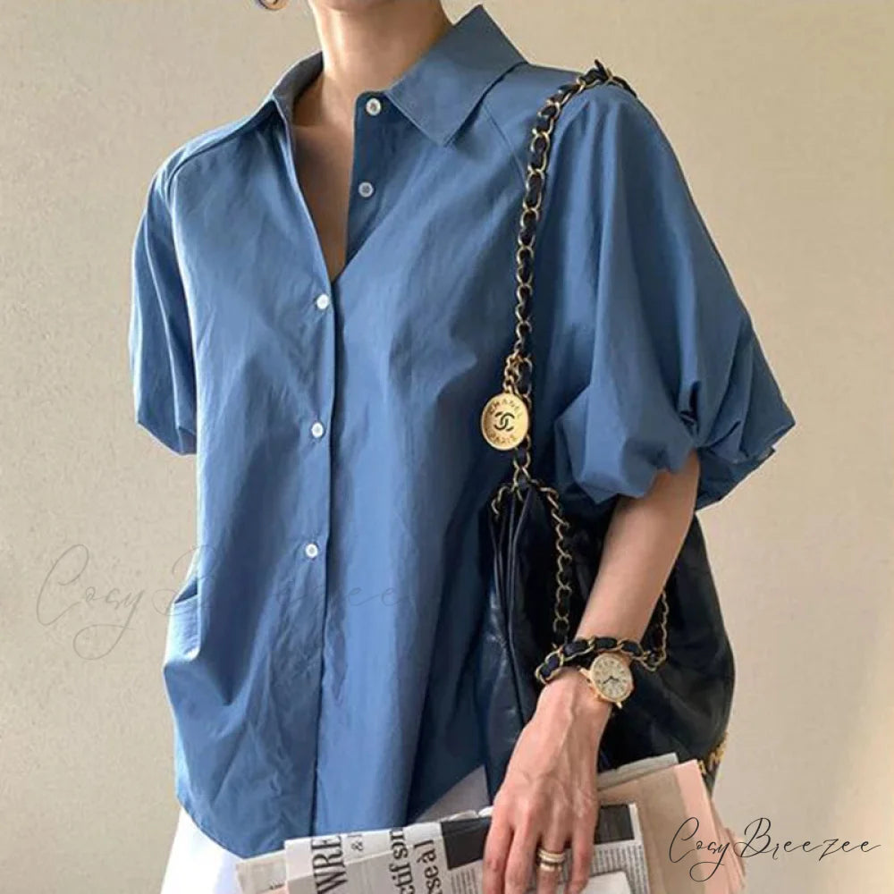 Blue Puff Sleeve Casual Loose Summer Crop Top blouse-250126
