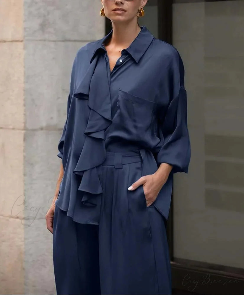 Blue Satin Ruffled Shirt Pants Office Set officetwopieceset-250223
