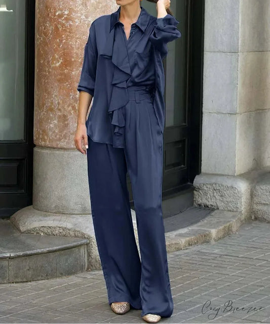 Blue Satin Ruffled Shirt Pants Office Set Blue / S officetwopieceset-250223