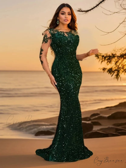 Blue Sequins O Neck Mesh Party Dress Green / M