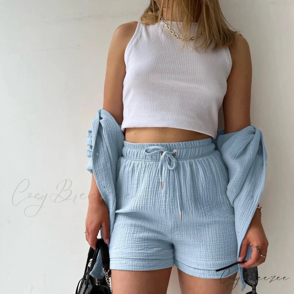 Blue Solid Drawstring Shorts Office Set officetwopieceset-250223