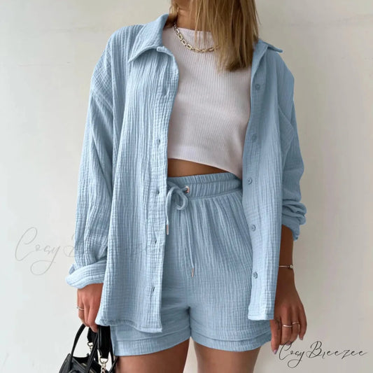 Blue Solid Drawstring Shorts Office Set Blue / S officetwopieceset-250223