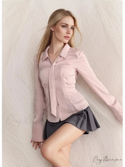 Blue Striped Extended Sleeve Tie Collar Shirt blouse-250223