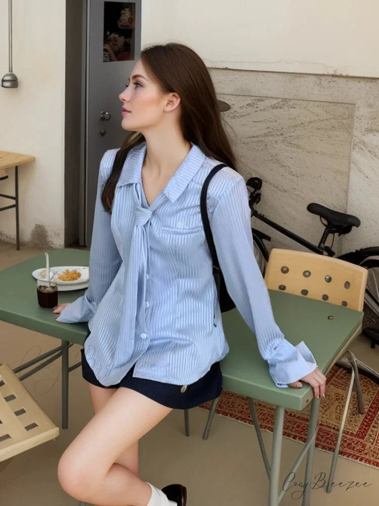 Blue Striped Extended Sleeve Tie Collar Shirt blouse-250223