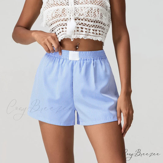 Blue Striped Loose Wide-Leg Shorts Blue / S short-250223