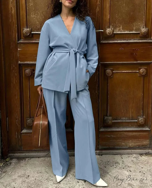 Blue V-Neck Lace-Up Trousers Office Set Blue / S officetwopieceset-250223
