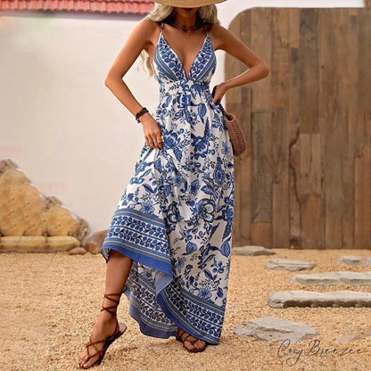 Blue White Porcelain Chiffon Floral Mini Dress oldfloraldress-250126