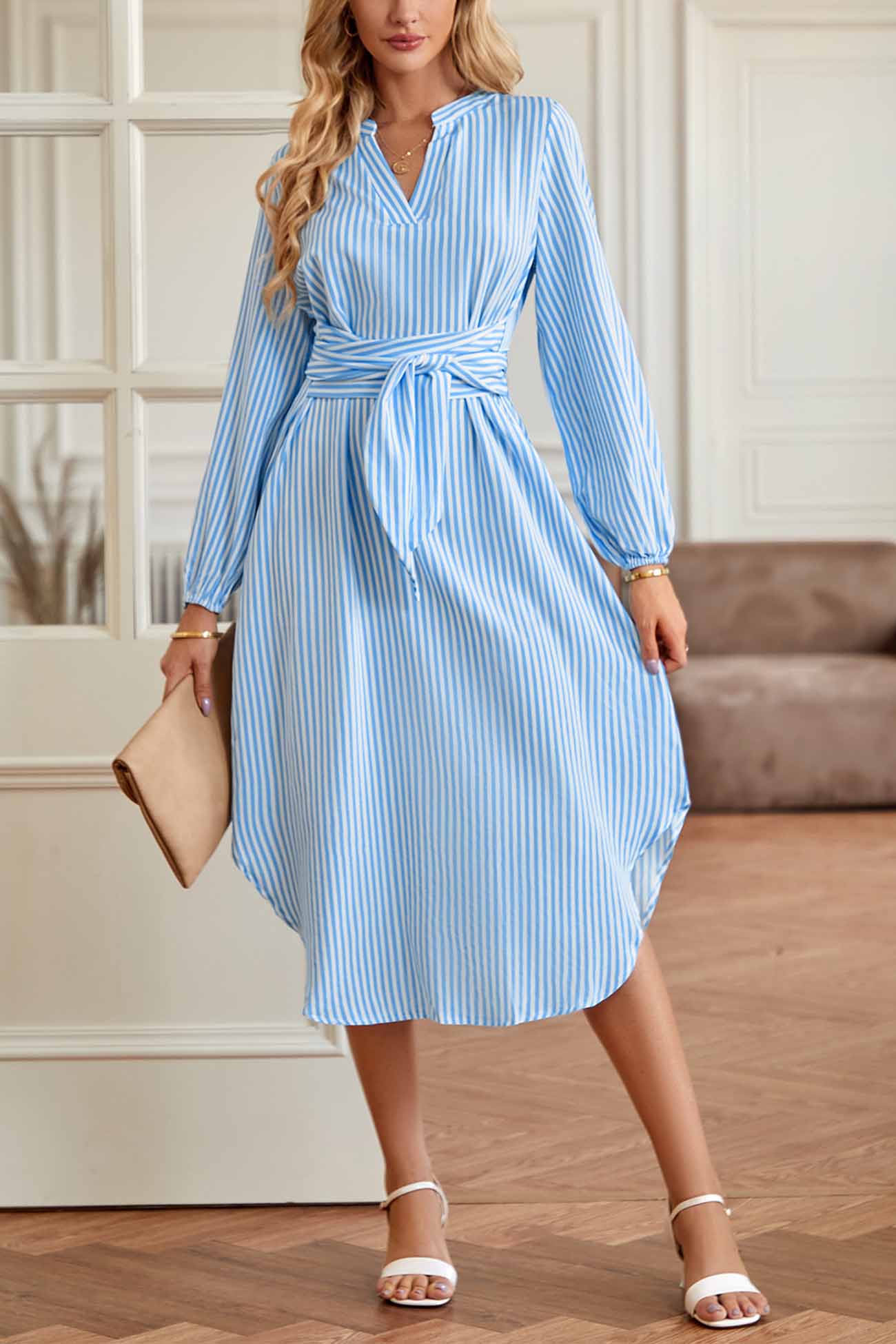 Striped V Neck Tie Waist Long Sleeve Midi Dress