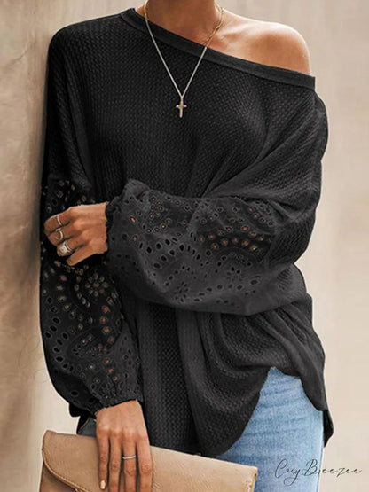 Boat with Openwork Dropped Blouse Neck Shoulders Black / S