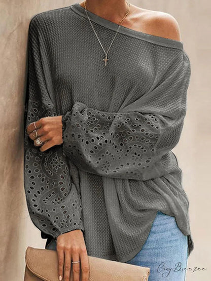 Boat with Openwork Dropped Blouse Neck Shoulders Charcoal / S