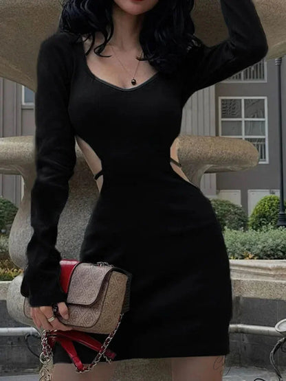 Bodycon Cut Out Lace Up Backless V Neck Mini Dress Black / S