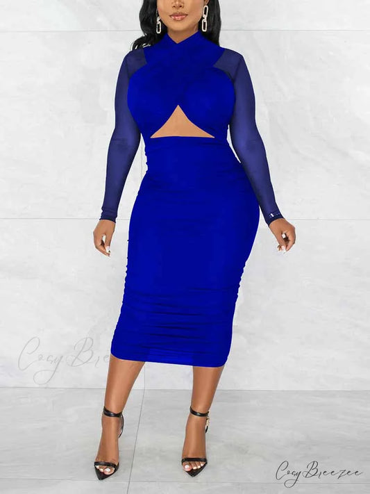 Bodycon Long Sleeve Trendy Ruffle Mini Dress Blue / L