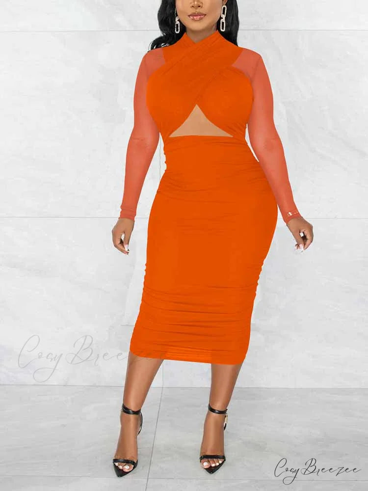 Bodycon Long Sleeve Trendy Ruffle Mini Dress Orange / L