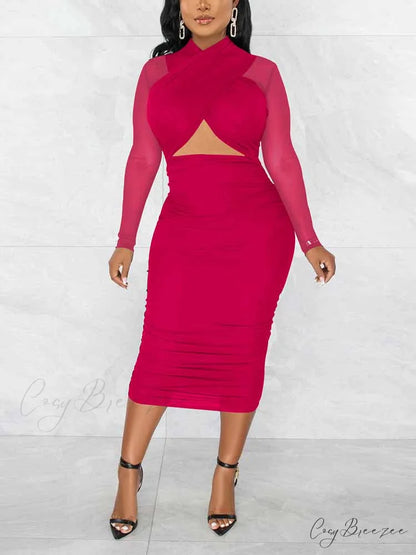 Bodycon Long Sleeve Trendy Ruffle Mini Dress Rose / L