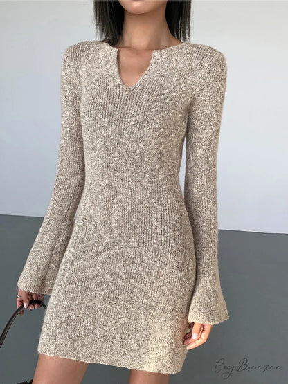 Bodycon V-neck Long Trendy Sleeve Mini Knit Dress