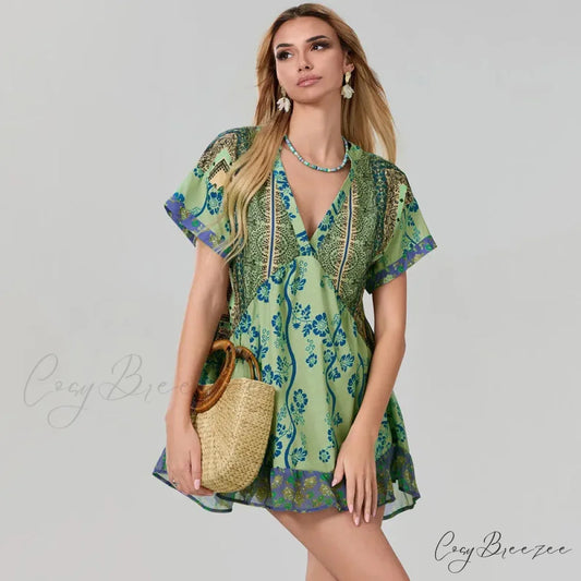 Bohemian Beach Floral Print Flowy Dress with Pockets cloro3 / S oldfloraldress-250126