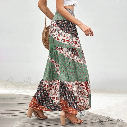 Bohemian Elastic Waist Floral Print Vintage Skirt skirt-250126