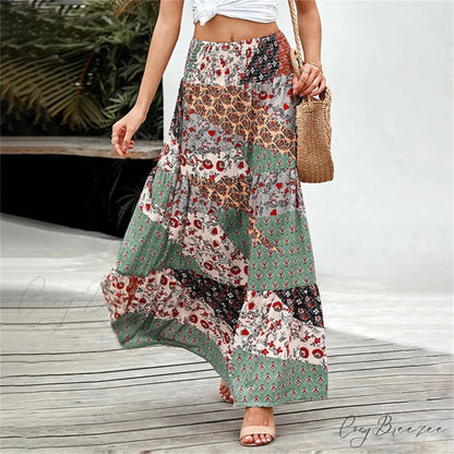 Bohemian Elastic Waist Floral Print Vintage Skirt Green / S skirt-250126