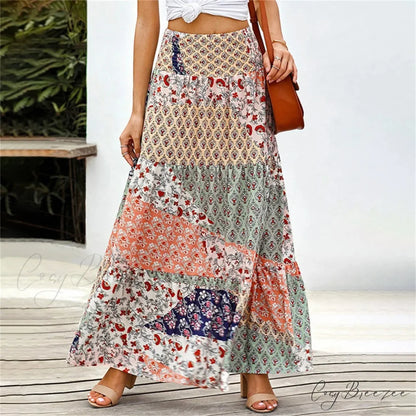 Bohemian Elastic Waist Floral Print Vintage Skirt Orange / S skirt-250126