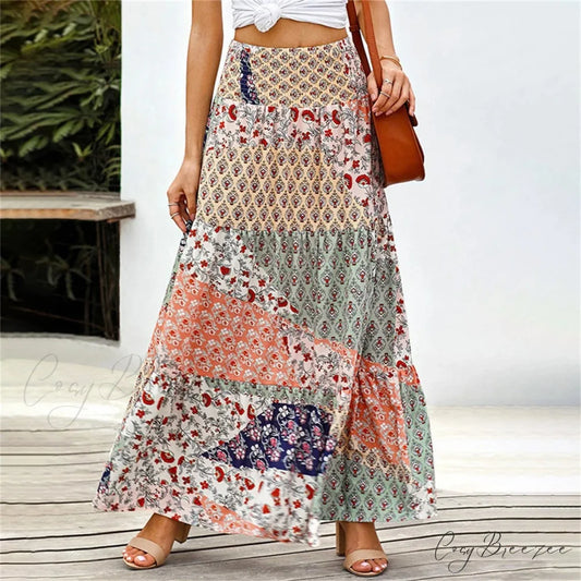 Bohemian Elastic Waist Floral Print Vintage Skirt Orange / S skirt-250126