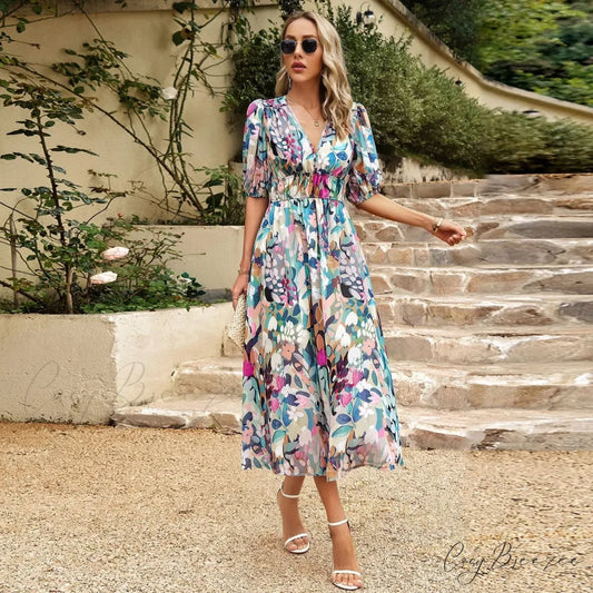 Bohemian Floral A-line Midi Dress Green / S oldfloraldress-250126
