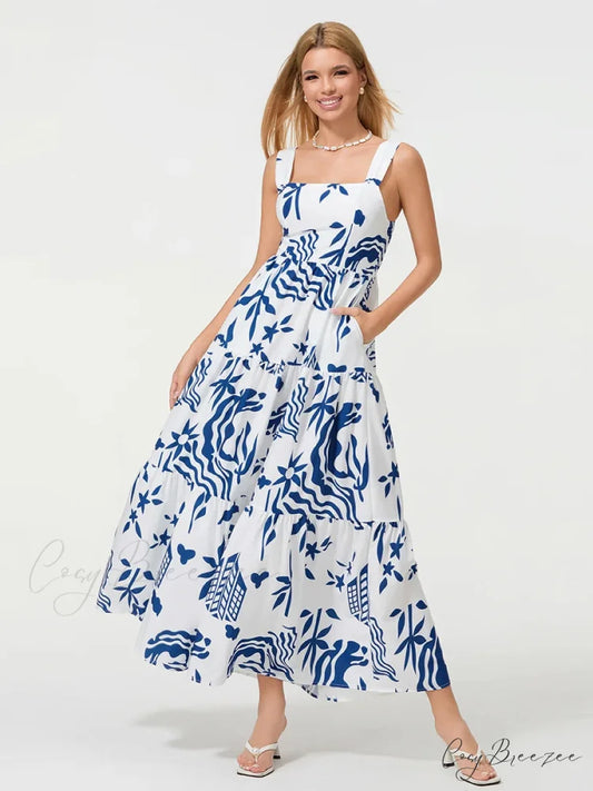 Bohemian Floral Geometric Print Flow Tank Square Neck Sleeveless A-Line Dress BLUE1 / S floraldress-250126