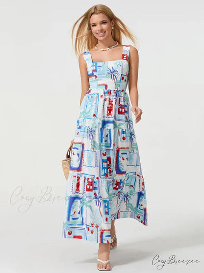 Bohemian Floral Geometric Print Flow Tank Square Neck Sleeveless A-Line Dress BLUE2 / S floraldress-250126