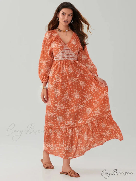 Bohemian Floral Print Puff Sleeve Swing Dress floraldress-250126