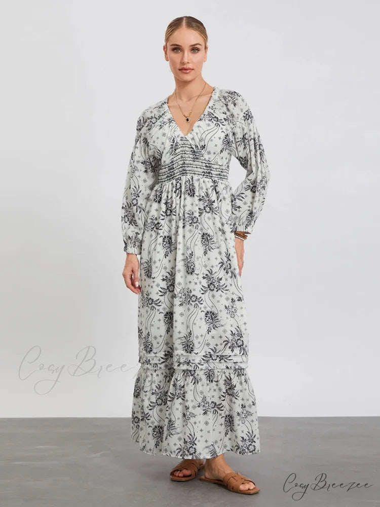 Bohemian Floral Print Puff Sleeve Swing Dress GREEN / S floraldress-250126