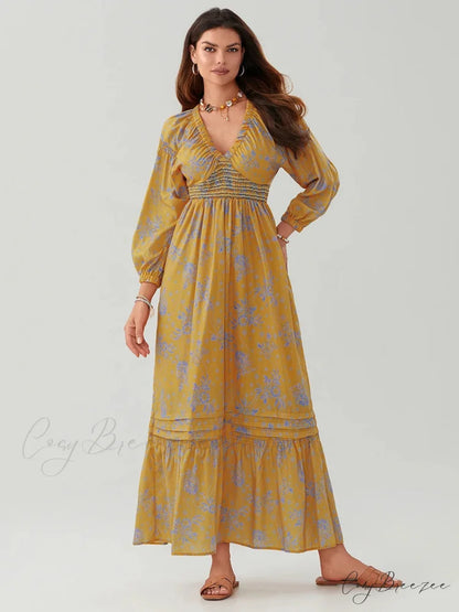 Bohemian Floral Print Puff Sleeve Swing Dress YELLOW / S floraldress-250126